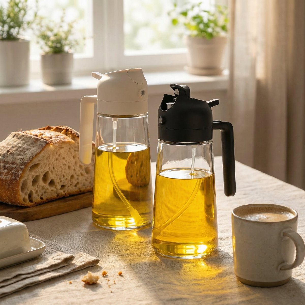 Two refillable glass olive oil sprayers for air frying, cooking, salads, and meal prep
