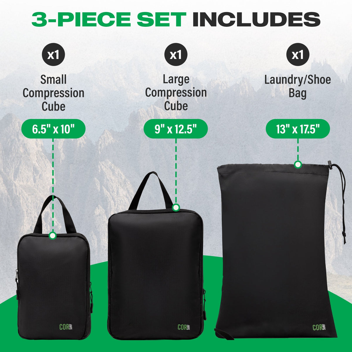 Three-piece COR Surf compression packing cube set