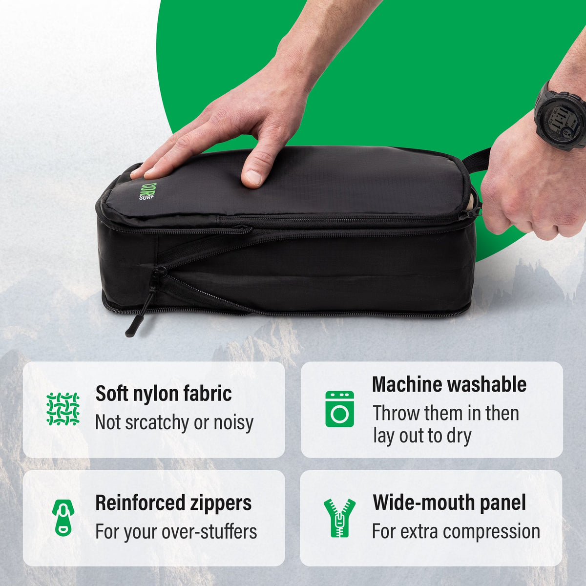 COR Surf packing cube compression design infographic