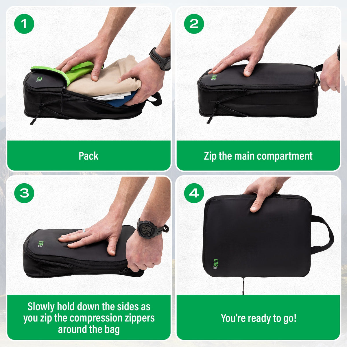 Steps for compressing clothing inside COR Surf packing cubes