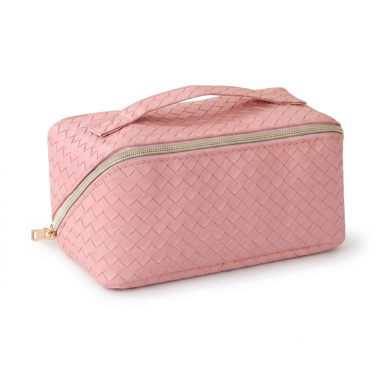 Travel makeup bag arranged with everyday essentials