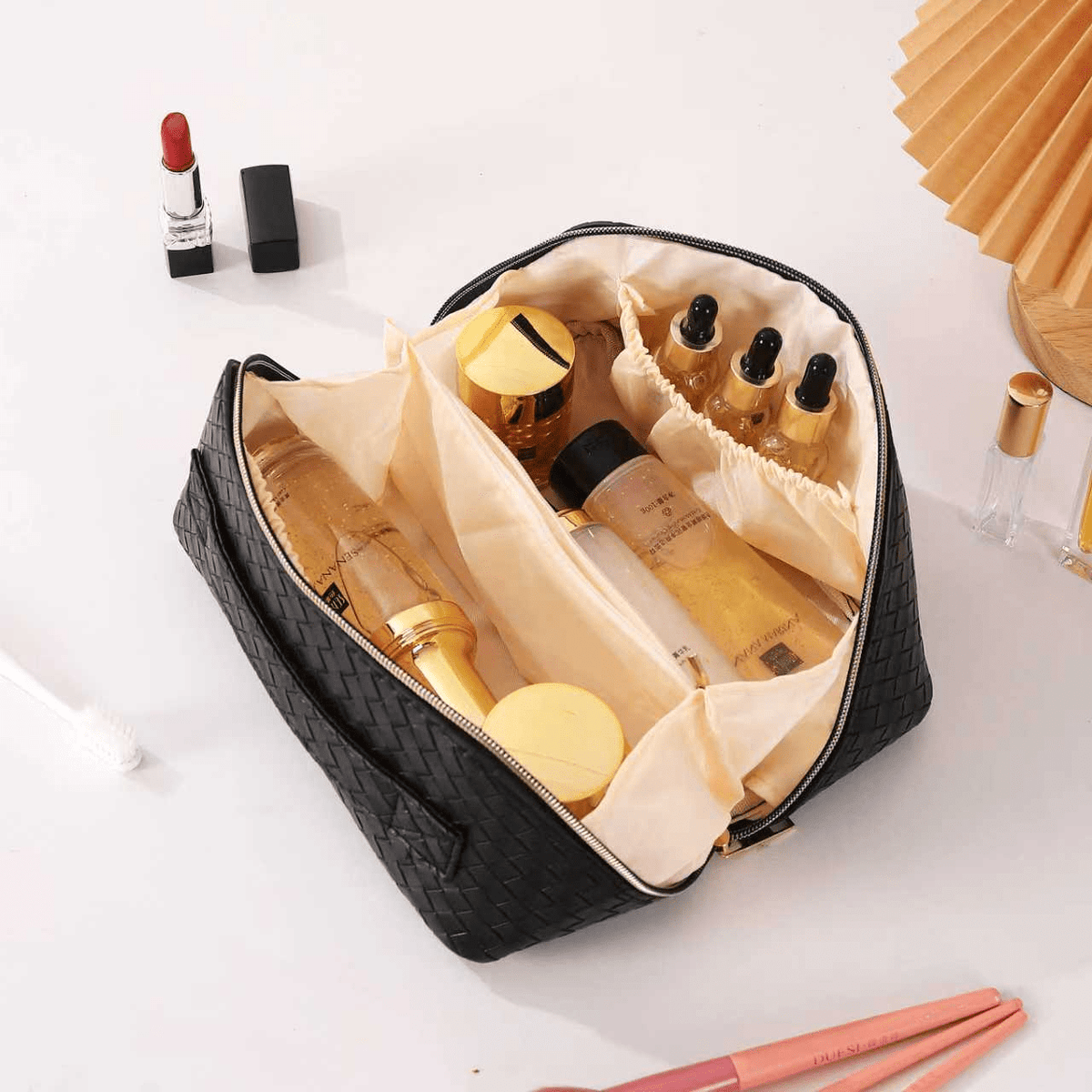 Portable makeup and toiletry organizer interior