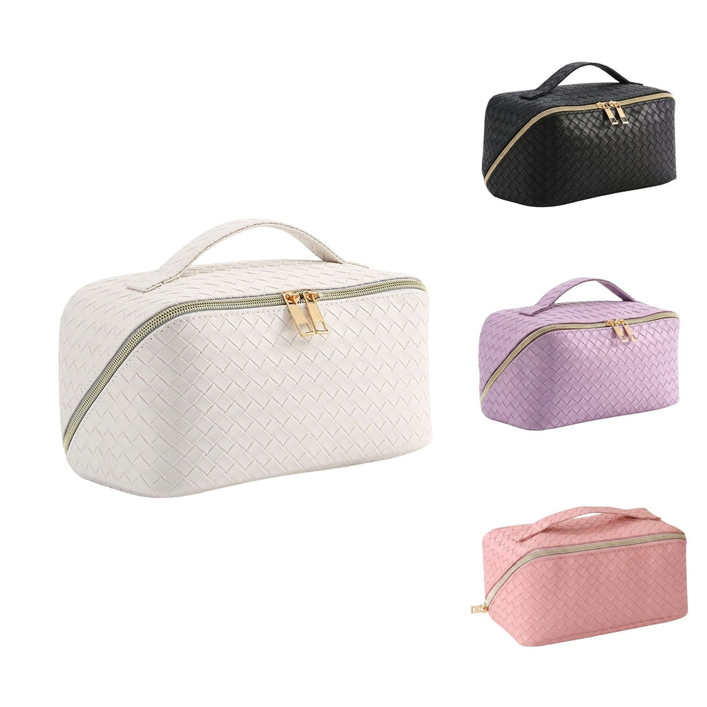 Compact makeup and toiletry travel bag with brush slot