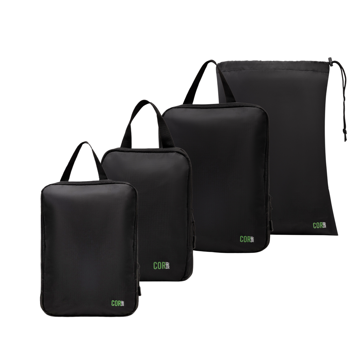 Black four-piece COR Surf compression packing cube set