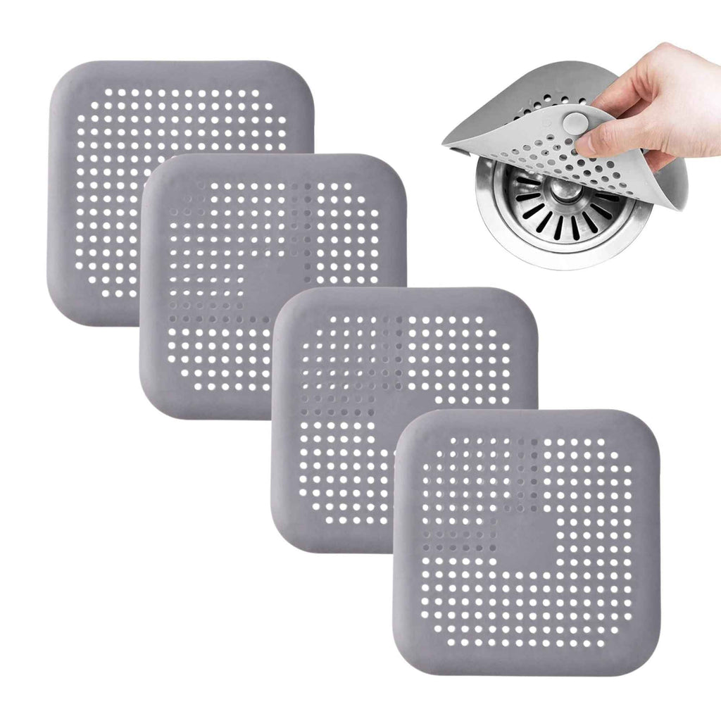 Four-pack of reusable square silicone drain hair catchers
